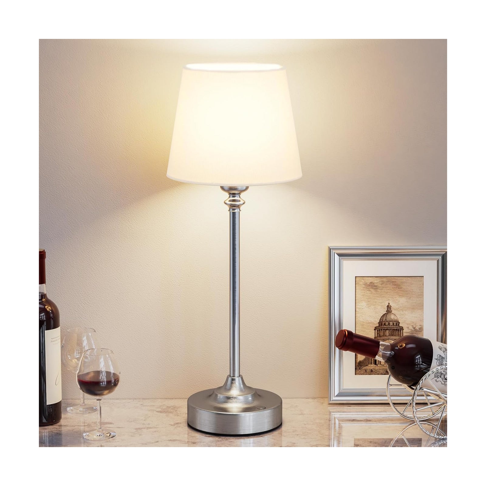 Kakanuo Cordless Table Lamp Rechargeable Silver - 1 Pack 4000mAH Battery Operated Lamp for Decor, 3000K Stepless
