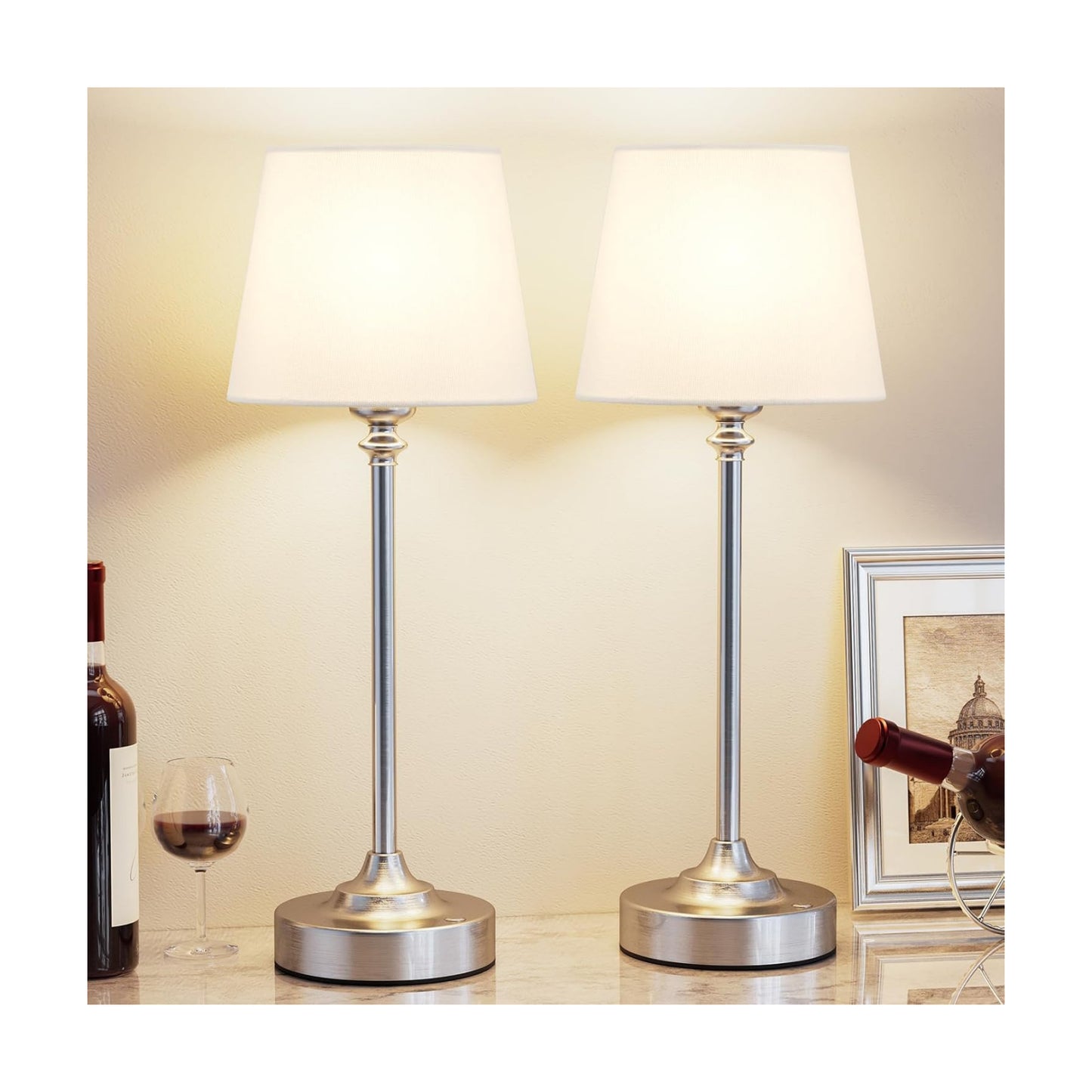 Kakanuo Cordless Table Lamps Rechargeable Set - 2 Pack Silver 4000mAH Battery Operated Lamps for Decor, 3000K Stepless