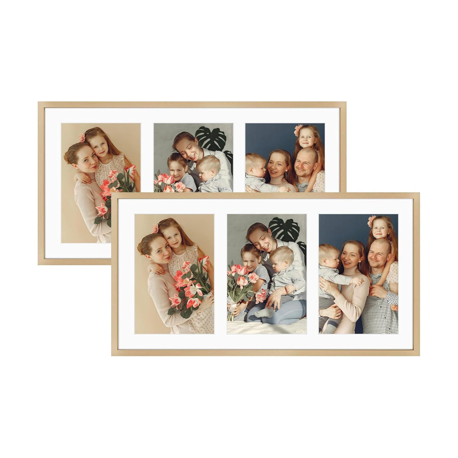 Golden State Art 8.5x16.3 Collage Frame for 3 5x7 Photos Gold 2 Pack | Aluminum Picture Frame with Real Glass Front