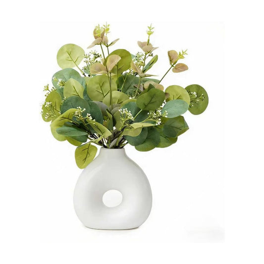 Artificial Plant in Ceramic Donut Vase 11.5" Faux Greenery Potted Branches Realistic Leaves / Ficus