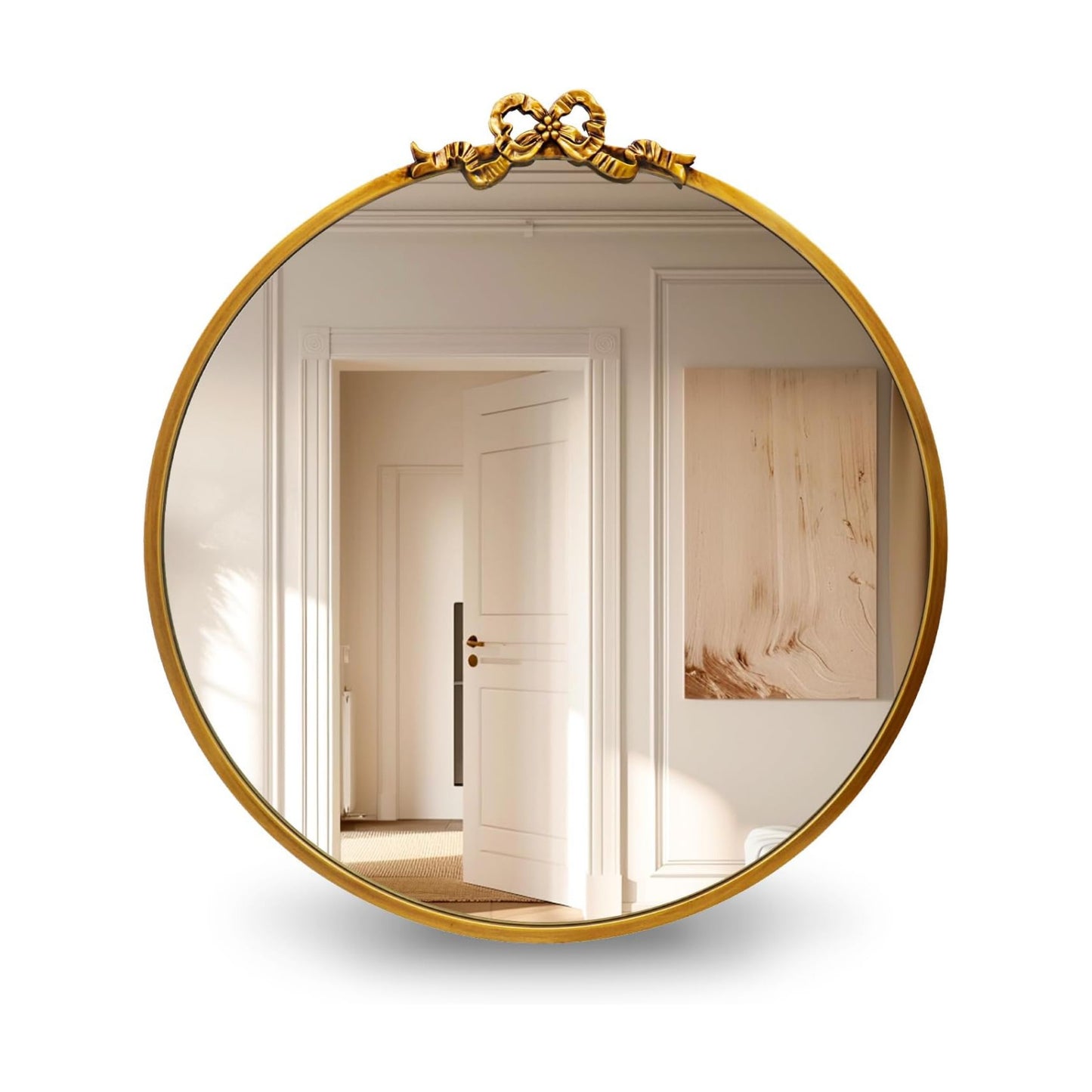 Metal Frame / Vintage Bow Mirror / Round / 21.1"L x 19.7"W / Gold