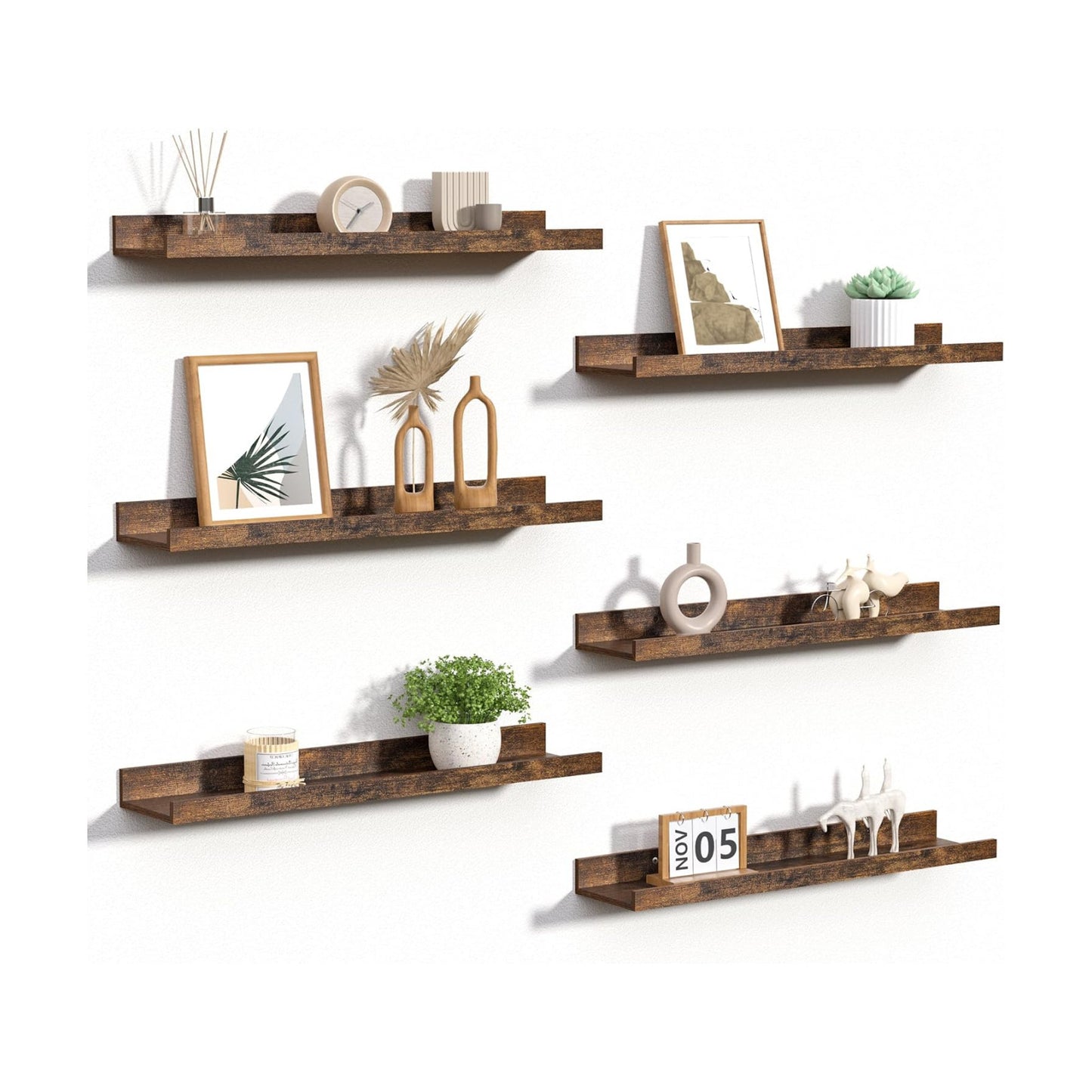 upsimples Floating Shelves for Wall Decor and Storage, Brown, 6Pcs 23.6''