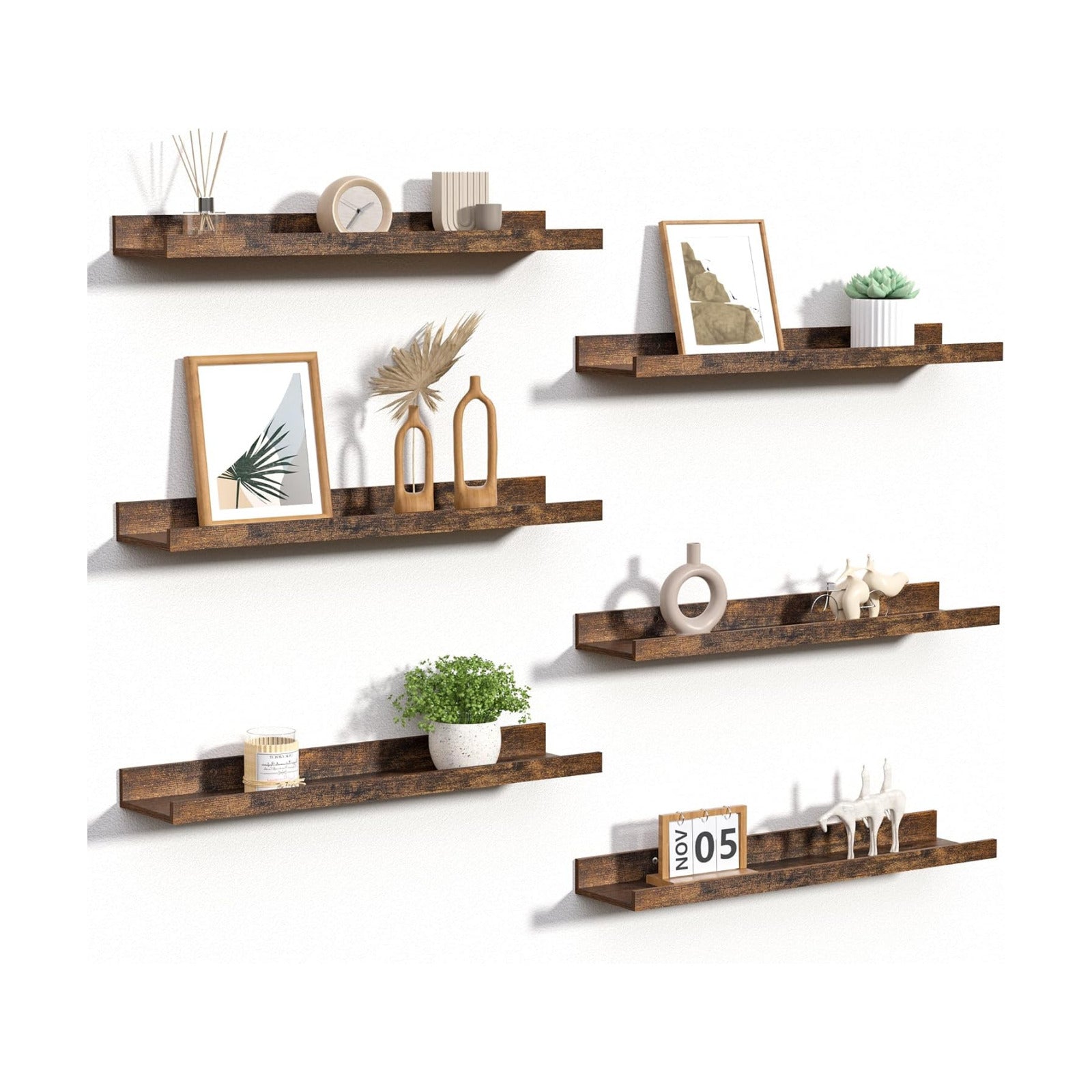 upsimples Floating Shelves for Wall Decor and Storage, Brown, 6Pcs 23.6''