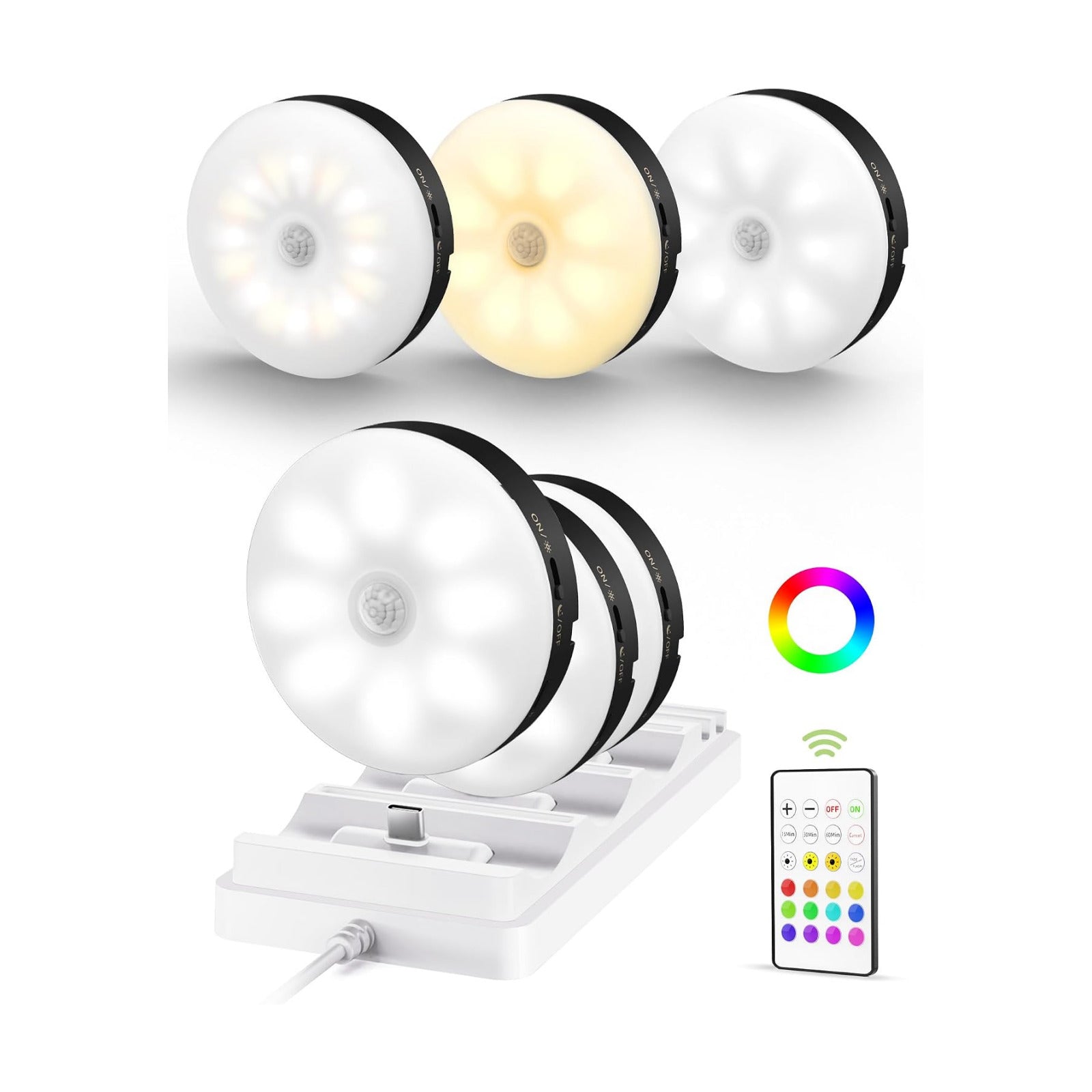 EZVALO RGB Puck Lights with Charging Station, Motion Sensor Cabinet Lights | Matte Black, 6-Pack with Remote