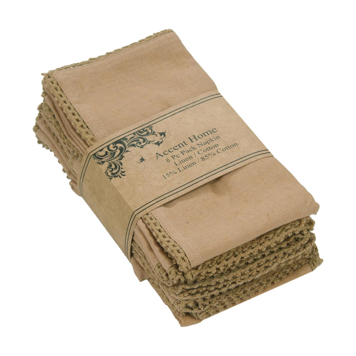 Accent Home Brown Lace Cloth Napkins, Set of 6, 18x18 Inches