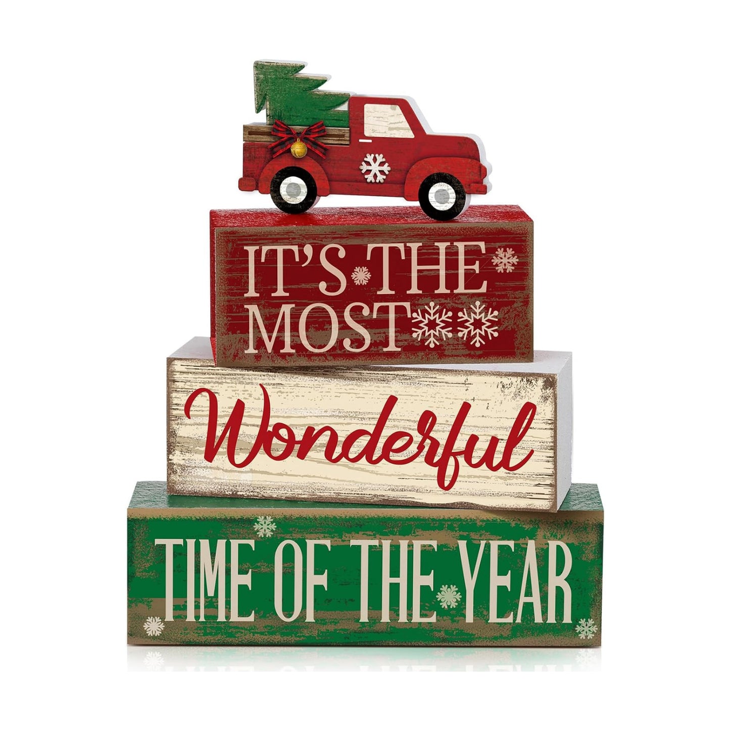 Moucuny 4 Pcs Christmas Red Truck Centerpiece Wooden Block Signs Tabletop