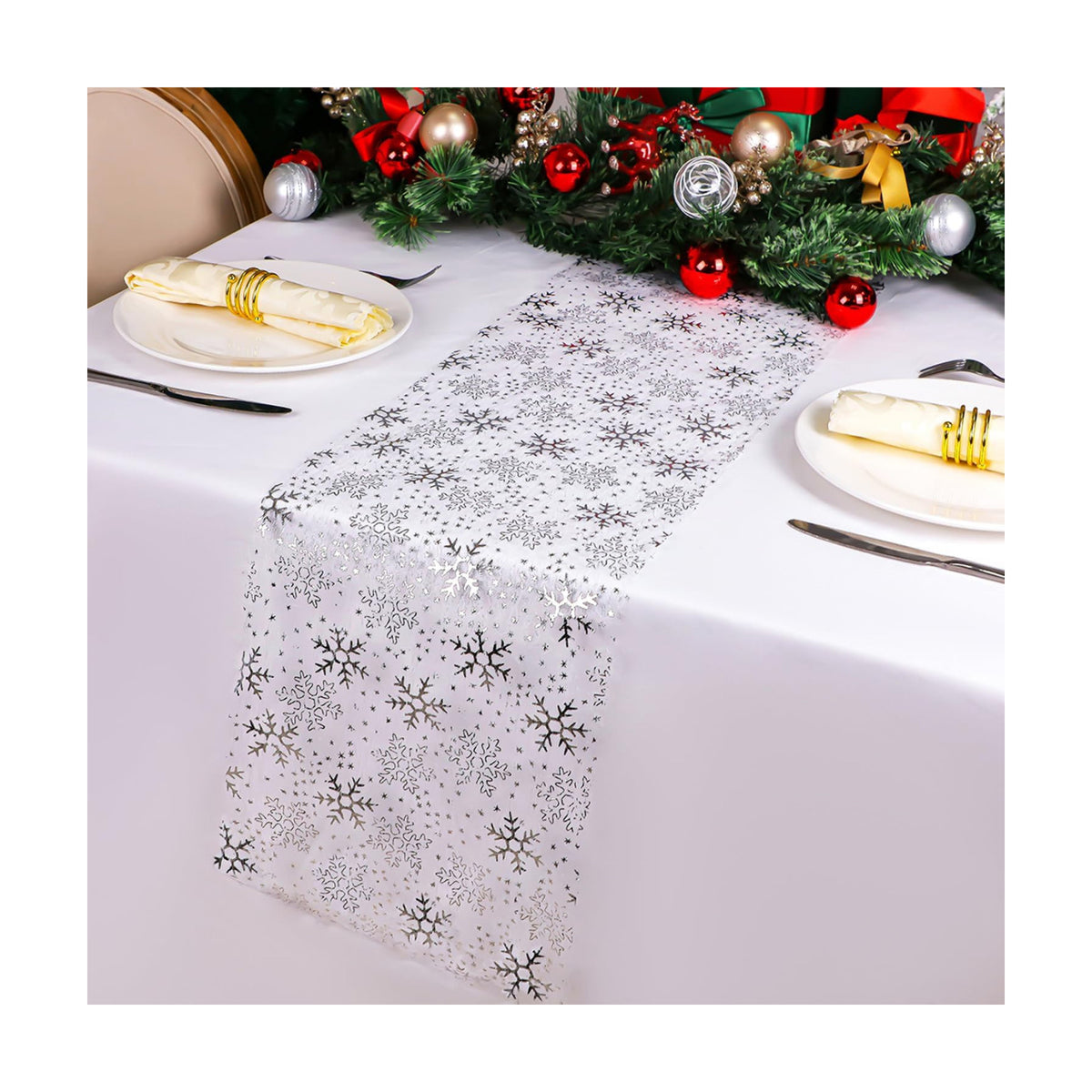 Snowkingdom Christmas Snowflake Silver Table Runner 11 Inch x 49 Feet Sparkly Silver Foil Glitter Metallic Mesh Runners Dining Table Decorations for Seasonal Winter Xmas Festival Holiday Home Party