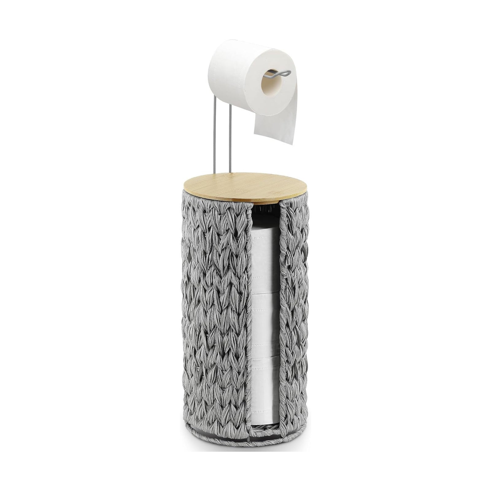 Toilet Paper Holder Stand with Lid Free Standing Storage for Bathroom Grey | Wciker, Water Hyacinth, 3 Rolls of Toilet