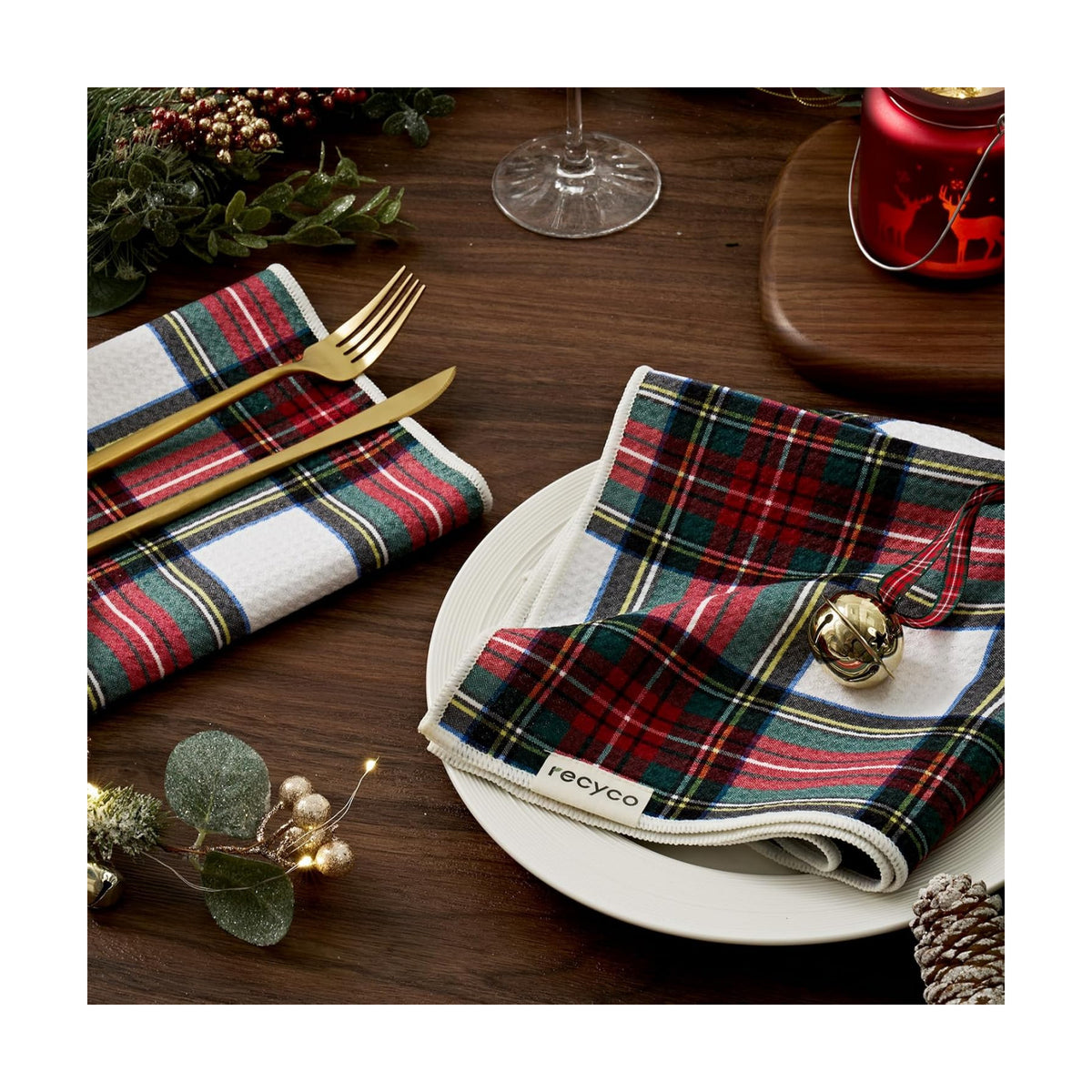 RECYCO Christmas Waffle Kitchen Towel Set of 2 - Quick Dry Microfiber Sustainable Dish Towels - Ultra Absorbent Reusable Cleaning Tea Towels - Lightweight Hand Towels,16”x 28”, Plaid