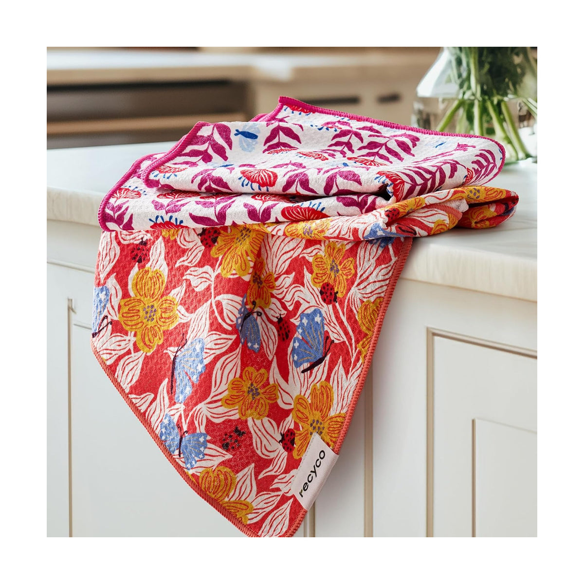 RECYCO Waffle Kitchen Towel Set of 2 - Quick Dry Microfiber Sustainable Dish Towels - Absorbent Reusable Cleaning Tea Towels - Lightweight Hand Towels,16”x 28”, Blossom Brilliance Pink