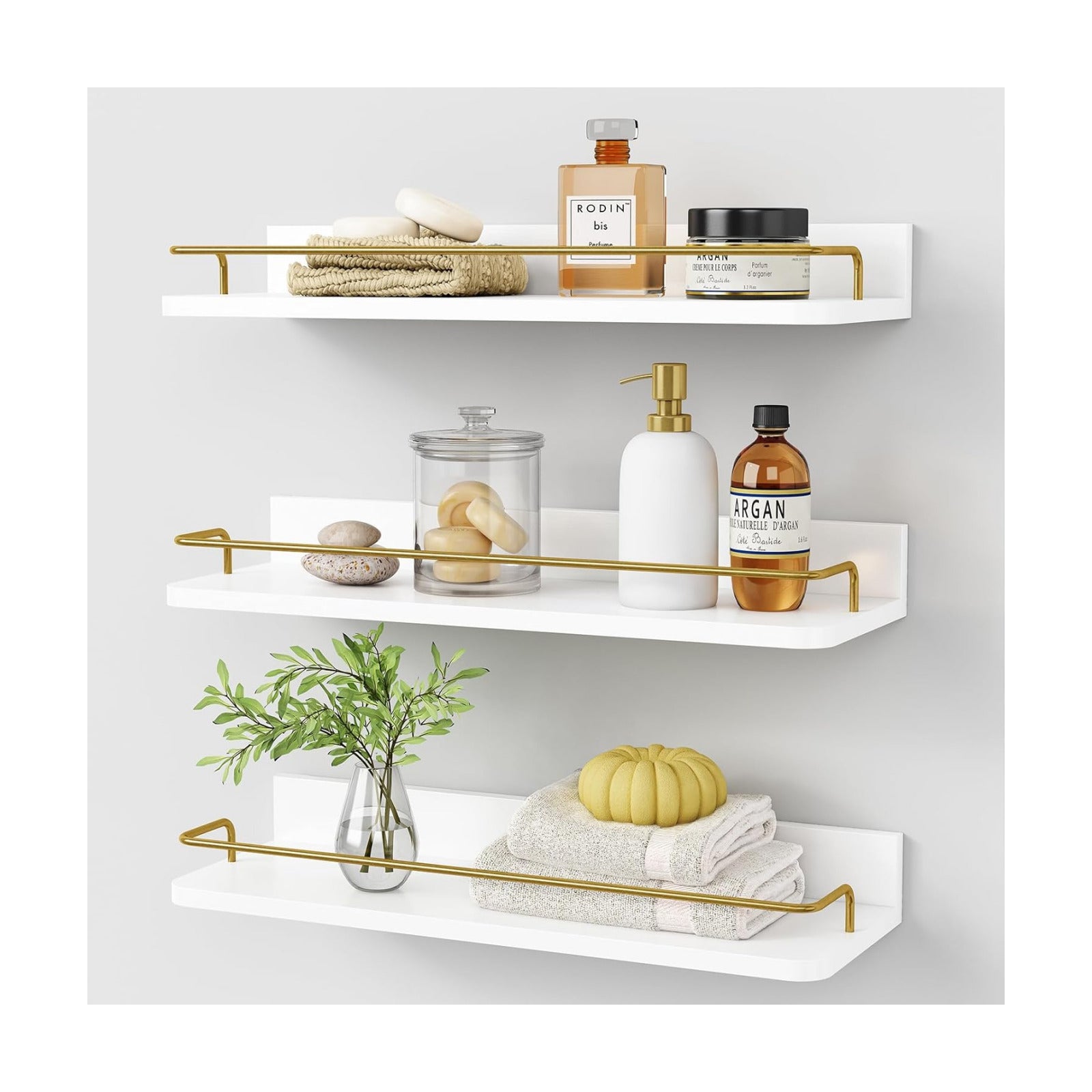 Forbena Gold Floating Shelves for Wall Decor Set of 3, Bathroom Shelves Over Toilet, Modern Display Wall Shelf with