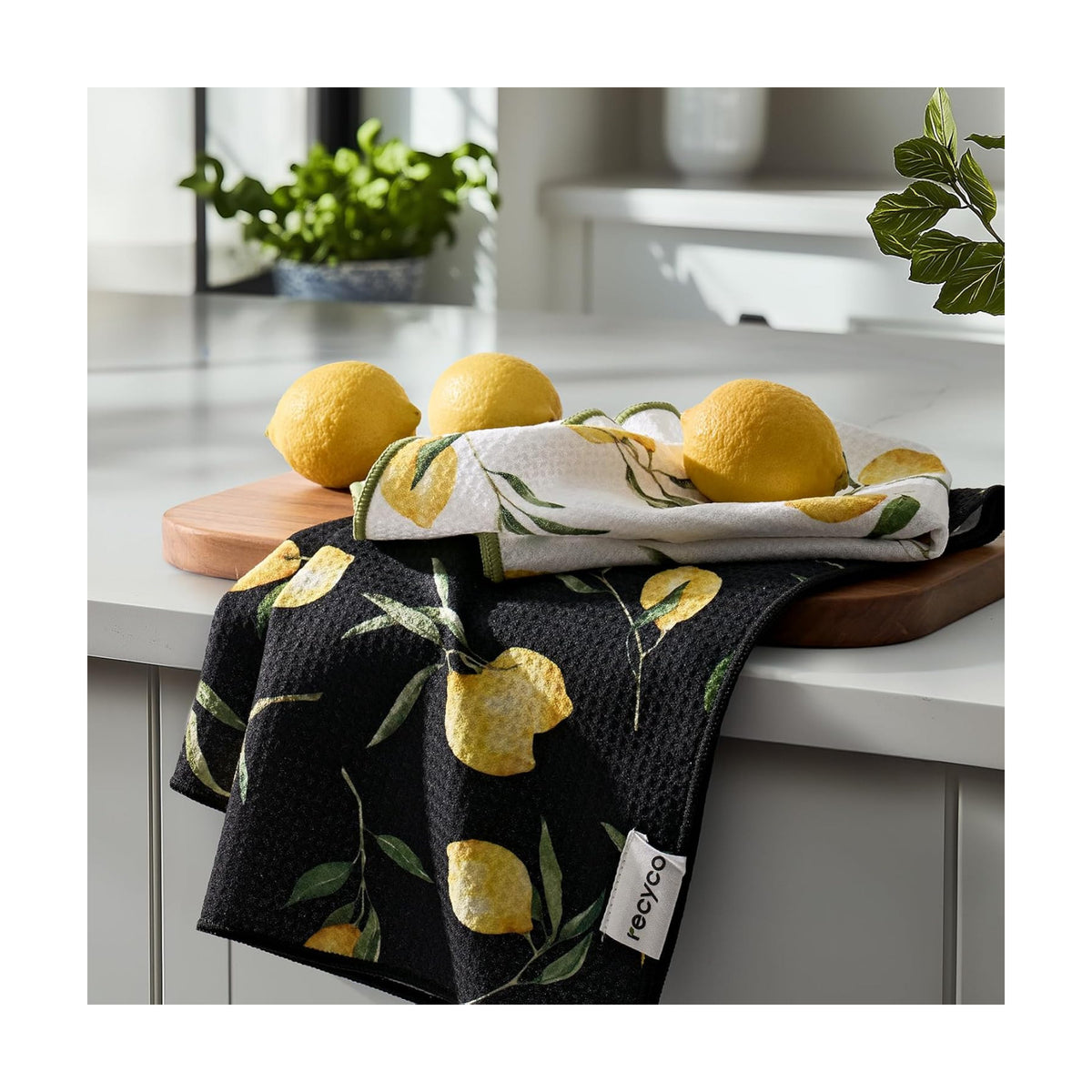 RECYCO Waffle Kitchen Towel Set of 2 - Quick Dry Microfiber Sustainable Dish Towels - Ultra Absorbent Reusable Cleaning Tea Towels - Lightweight Hand Towels,16”x 28”, Lemon Grove