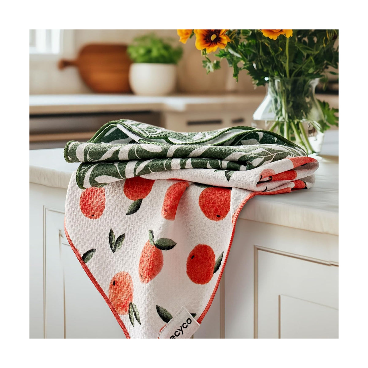 RECYCO Waffle Kitchen Towel Set of 2 - Quick Dry Microfiber Sustainable Dish Towels - Ultra Absorbent Reusable Cleaning Tea Towels - Lightweight Hand Towels,16”x 28”, Peachy Leaves