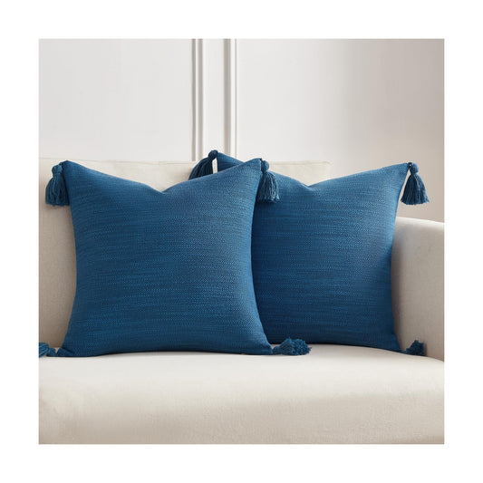 Linen Look Decorative Throw Cushion Covers / Deep Blue / 18 x 18 / Set of 2