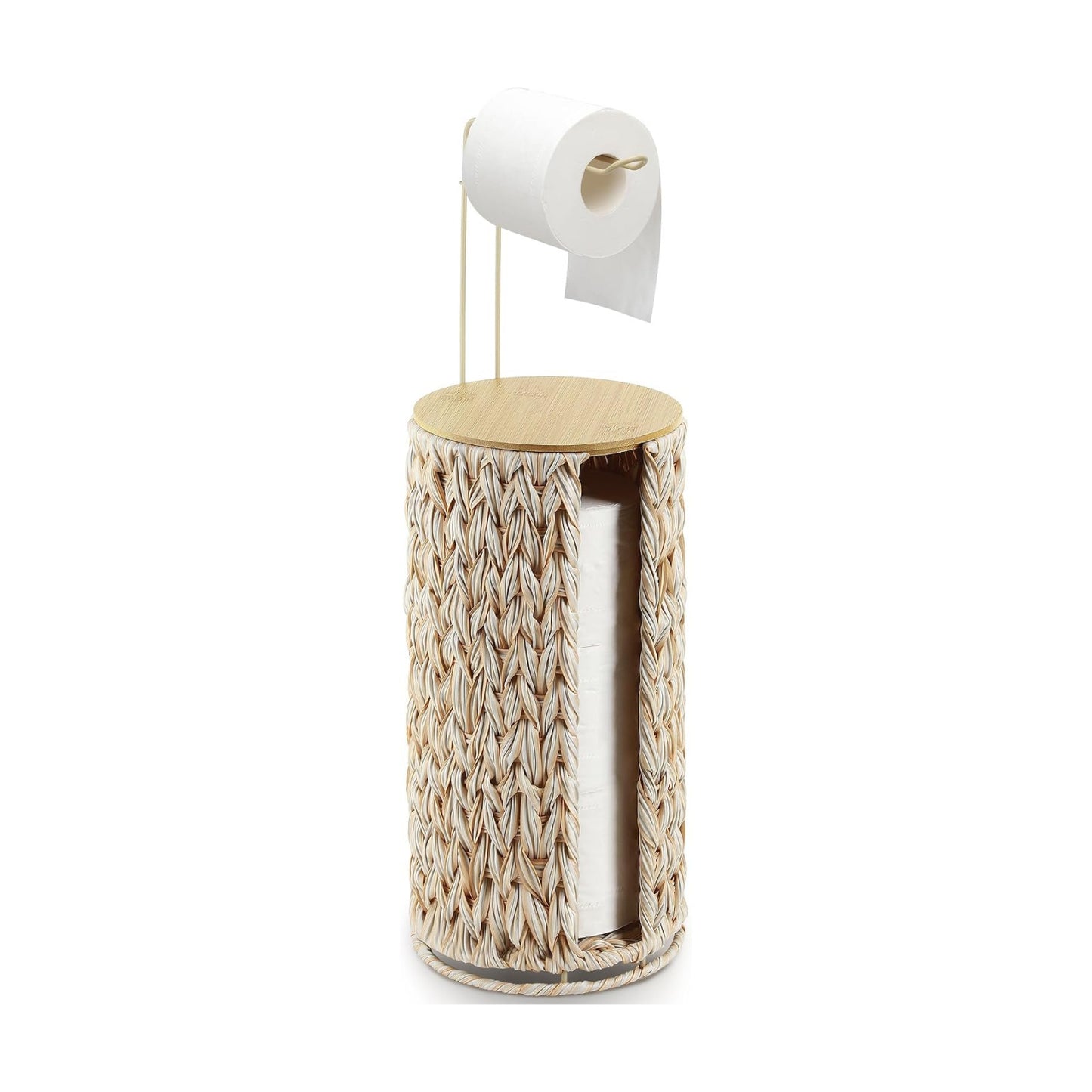 Toilet Paper Holder Stand with Lid Free Standing Storage for Bathroom Beige | Wciker, Water Hyacinth, 3 Rolls of Toilet