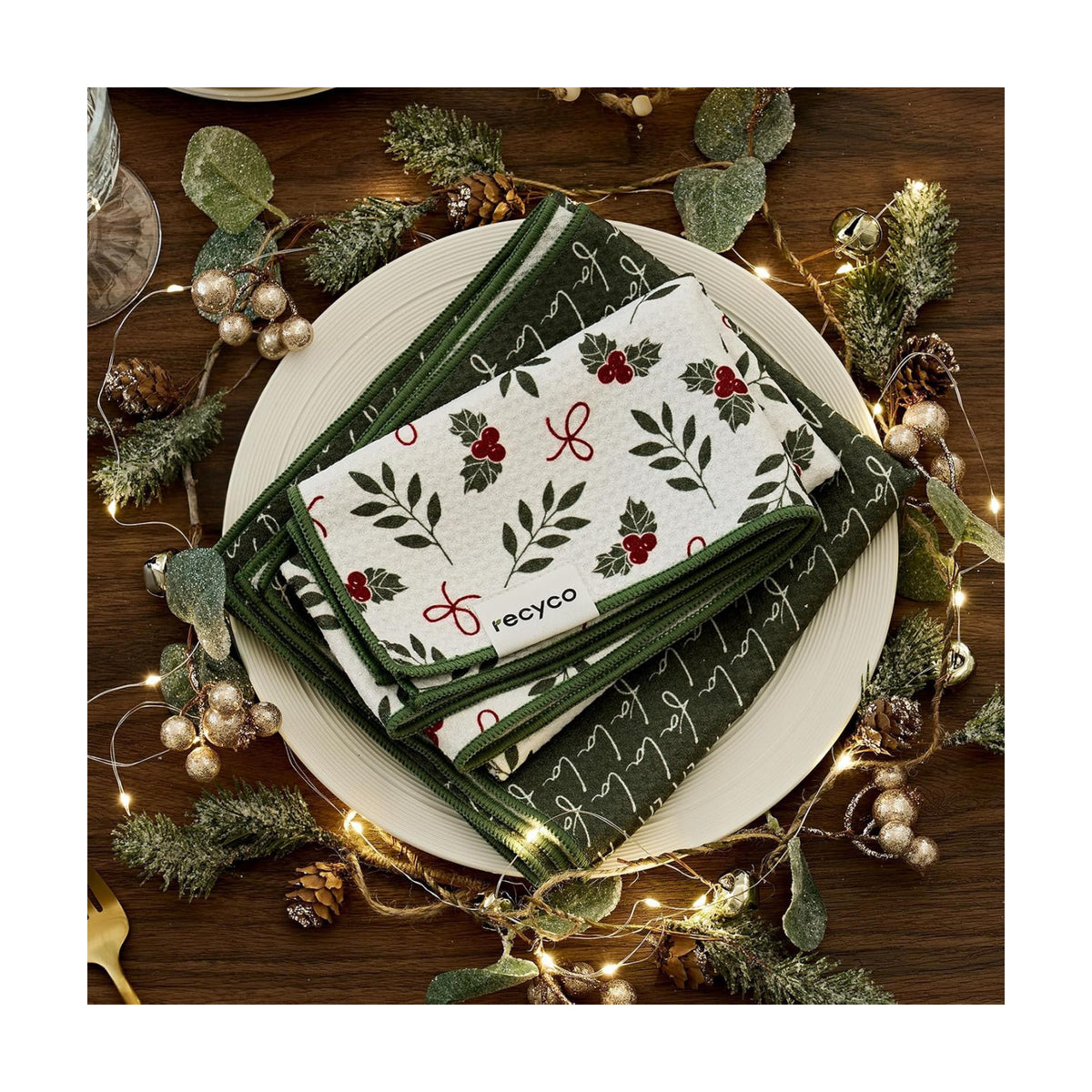 RECYCO Christmas Waffle Kitchen Towels Set of 2 - Quick Dry Microfiber Sustainable Dish Towels - Ultra Absorbent Reusable Cleaning Tea Towels - Lightweight Hand Towels,16”x 28”