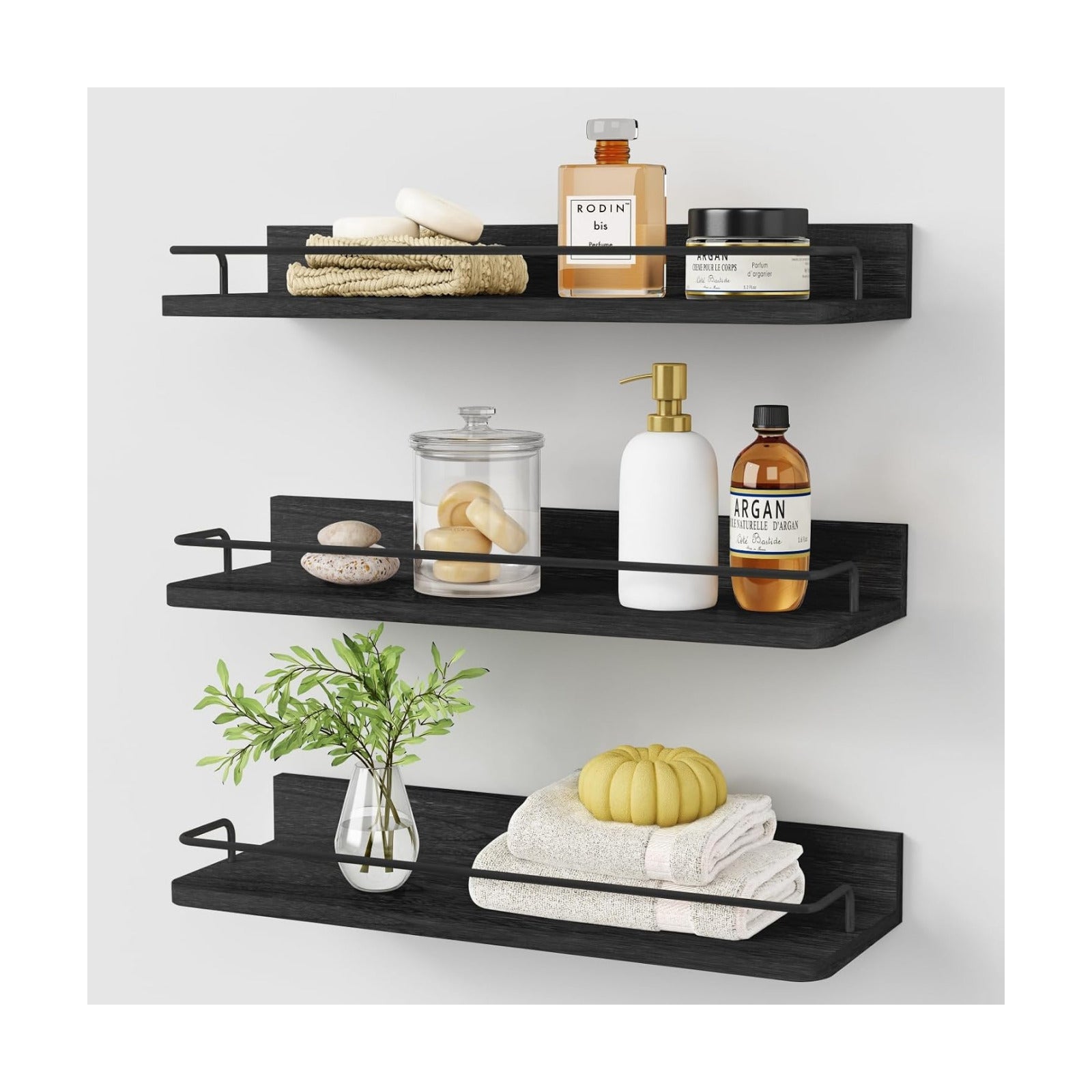 Forbena Black Floating Shelves for Wall, Bahtroom Wall Shelves Over Toilet, Rustic Hanging Shelf with Lip Rail for