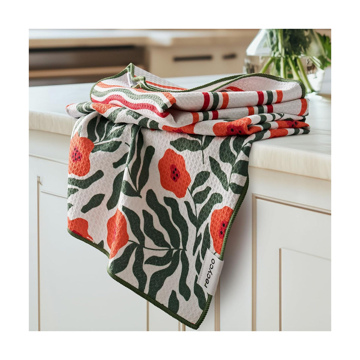RECYCO Waffle Kitchen Towel Set of 2 - Quick Dry Microfiber Sustainable Dish Towels - Ultra Absorbent Reusable Cleaning Tea Towels - Lightweight Hand Towels,16”x 28”, Poppy Waves