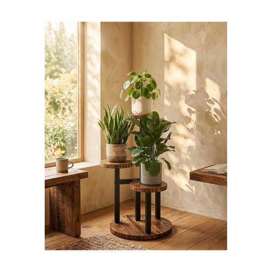 Bamworld Corner Plant Stand Indoor Metal Wood Plant Shelf 3 Tier Brown | plant holders for Multiple Plants Tall Corner