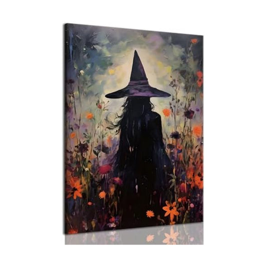 ILLBDR Halloween Witch with Flowers Canvas Wall Art 16x24 inch