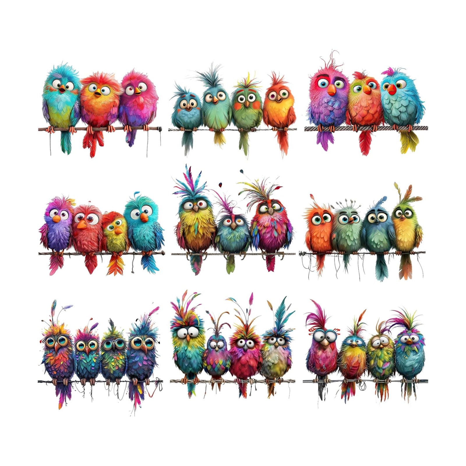 Funny Birds Vinyl Decals on Branch Wall Easy Peel and Stick Watercolor / Colorful / Set of 9
