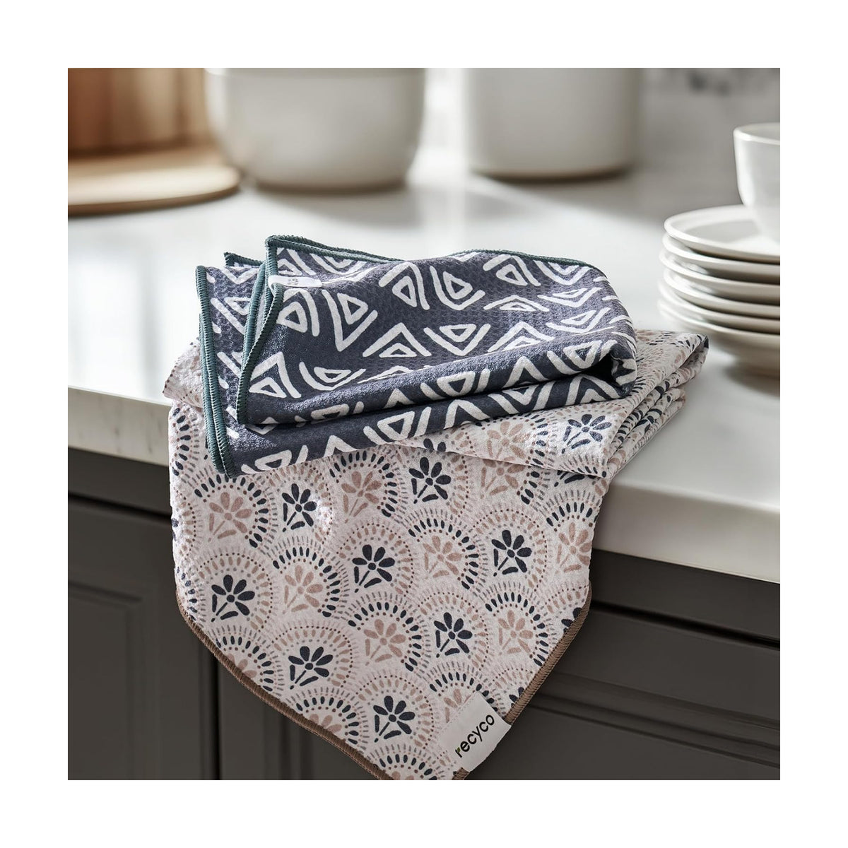 RECYCO Waffle Kitchen Towel Set of 2 - Quick Dry Microfiber Sustainable Dish Towels - Ultra Absorbent Reusable Cleaning Tea Towels - Lightweight Hand Towels,16”x 28”, Neutral Boho