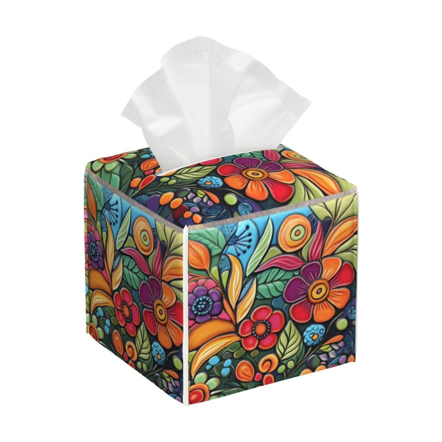 Tissue Box Cover Square Leather Tissue Case Holder Facial Paper Organizer / Colorful Boho Florals