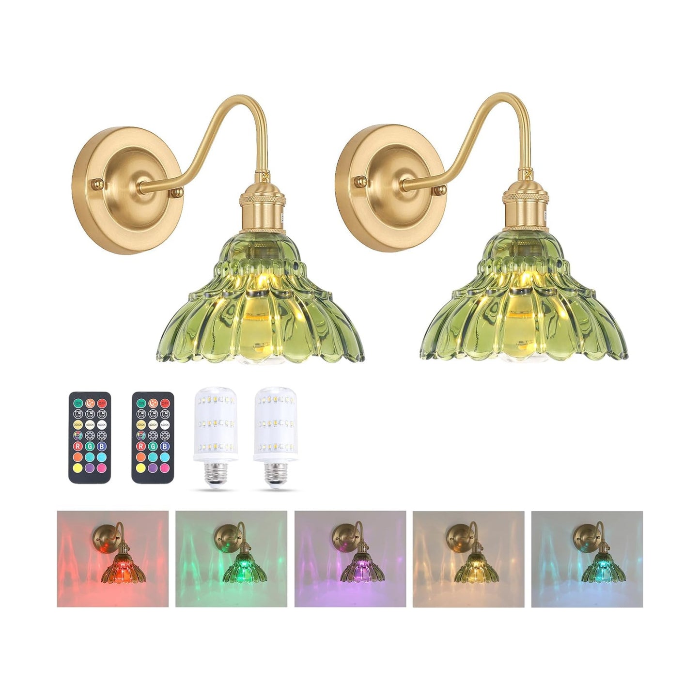 Shenmoyl Battery Operated Wall Sconce Set of 2, Vintage Rechargeable Wall Lights with Green Lily Glass Shade, Wireless