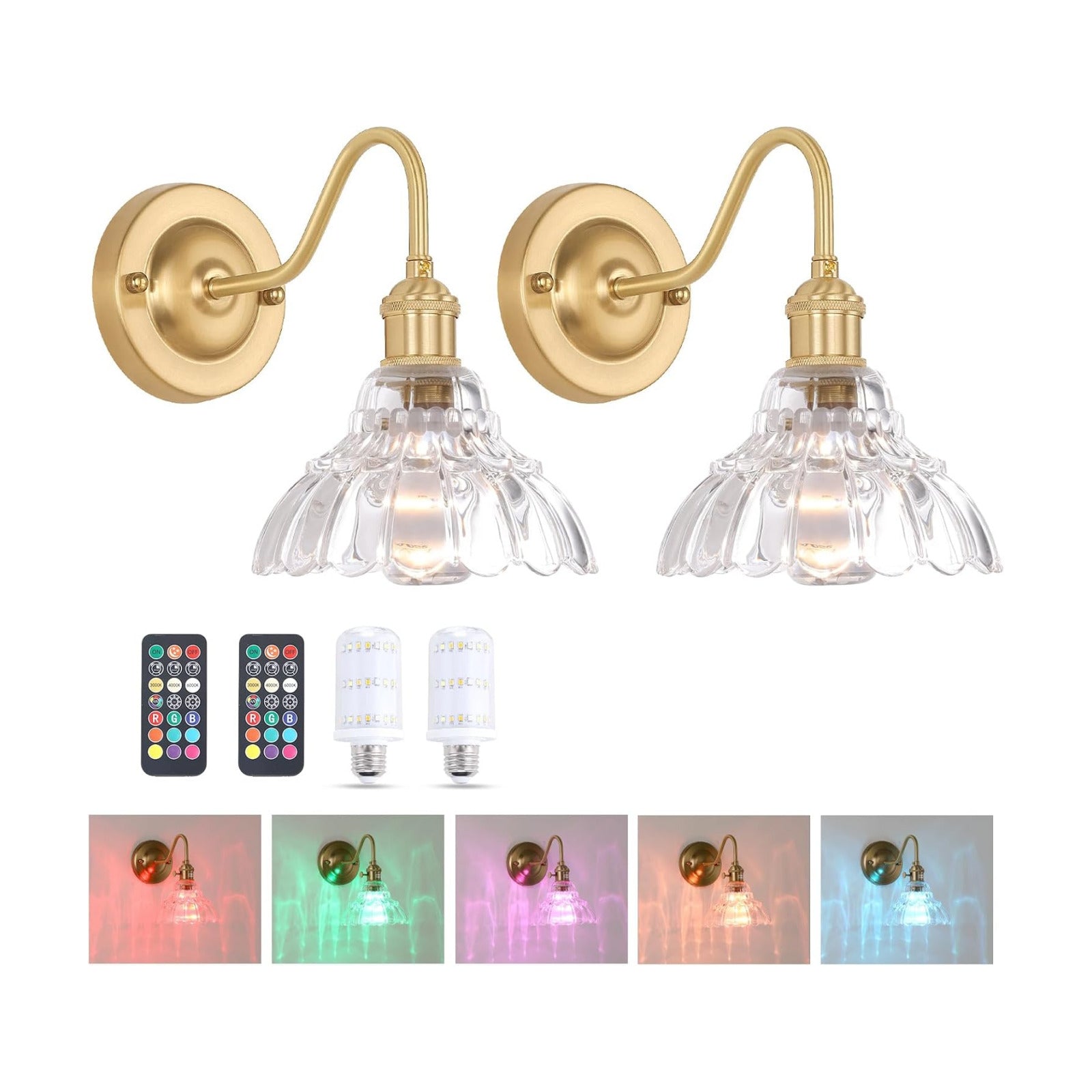 Shenmoyl Battery Operated Wall Sconce Set of 2, Vintage Rechargeable Wall Lights with Clear Lily Glass Shade, Wireless