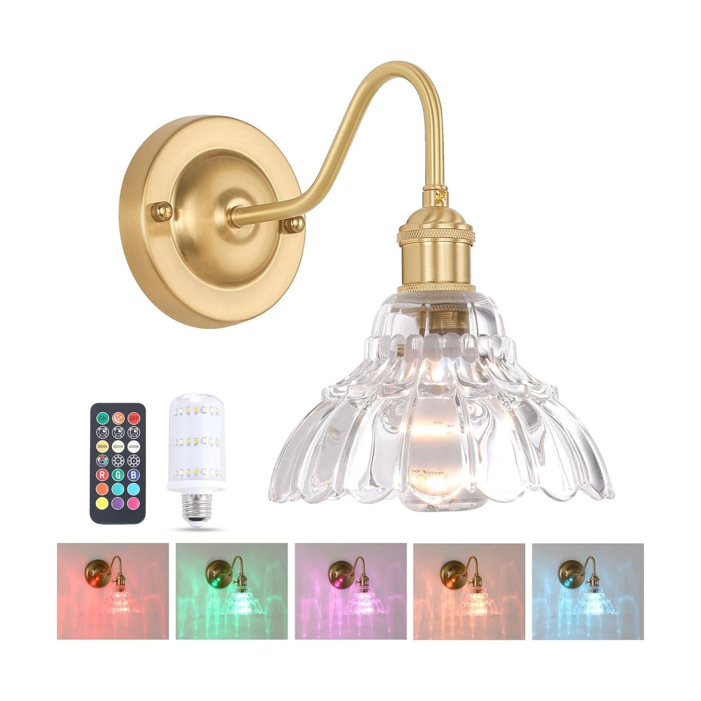 Shenmoyl Battery Operated Wall Sconce, Vintage Rechargeable Wall Lights with Clear Lily Glass Shade, Wireless Indoor