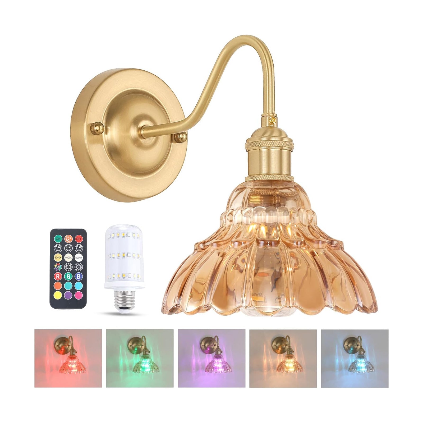 Shenmoyl Battery Operated Wall Sconce, Vintage Rechargeable Wall Lights with Amber Lily Glass Shade, Wireless Indoor