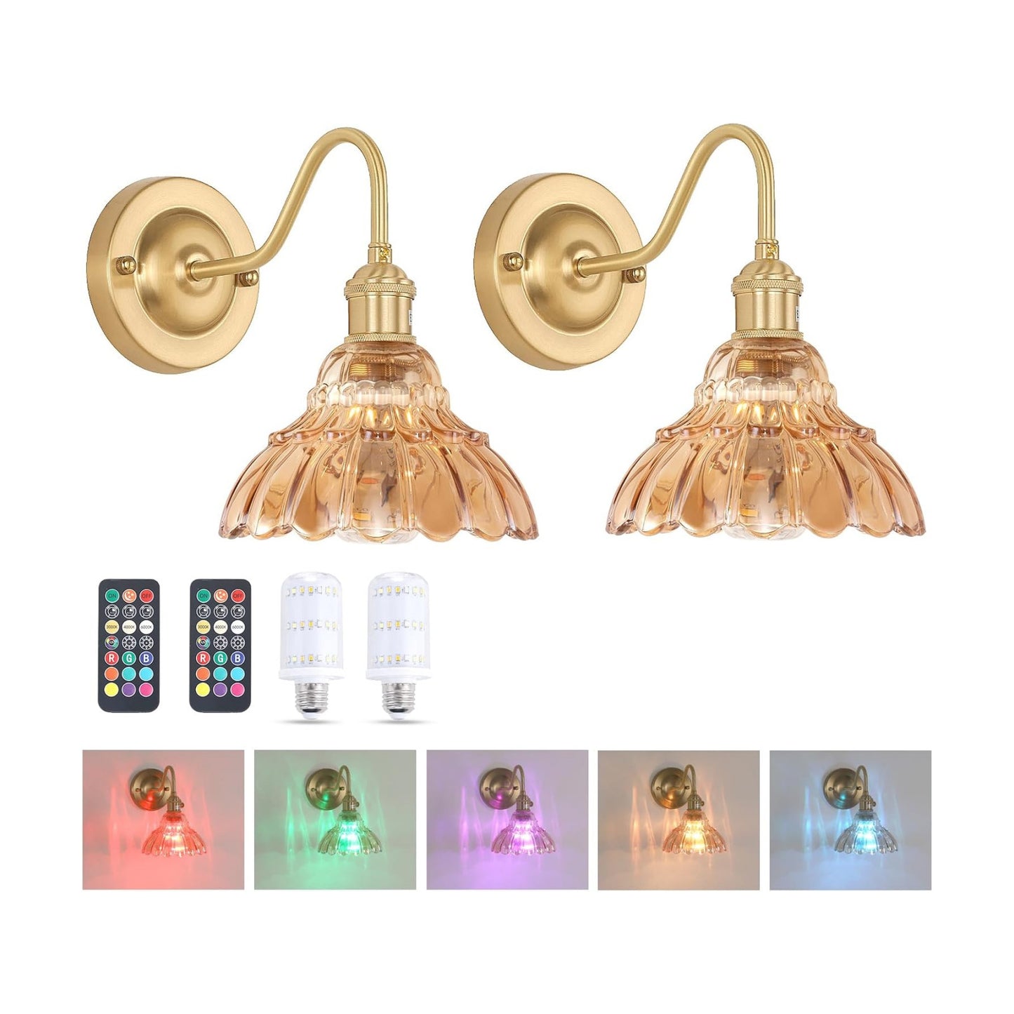 Shenmoyl Battery Operated Wall Sconce Set of 2, Vintage Rechargeable Wall Lights with Amber Lily Glass Shade, Wireless