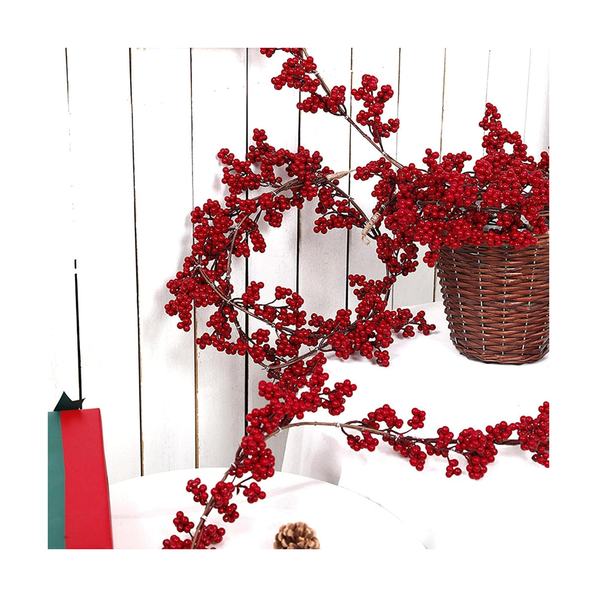 Christmas Red Berry Garland, Artificial Red and Burgundy Berry Christmas Garland Decor for Winter Christmas Indoor Outdoor Home Fireplace Table Decorations(Mini Berry)