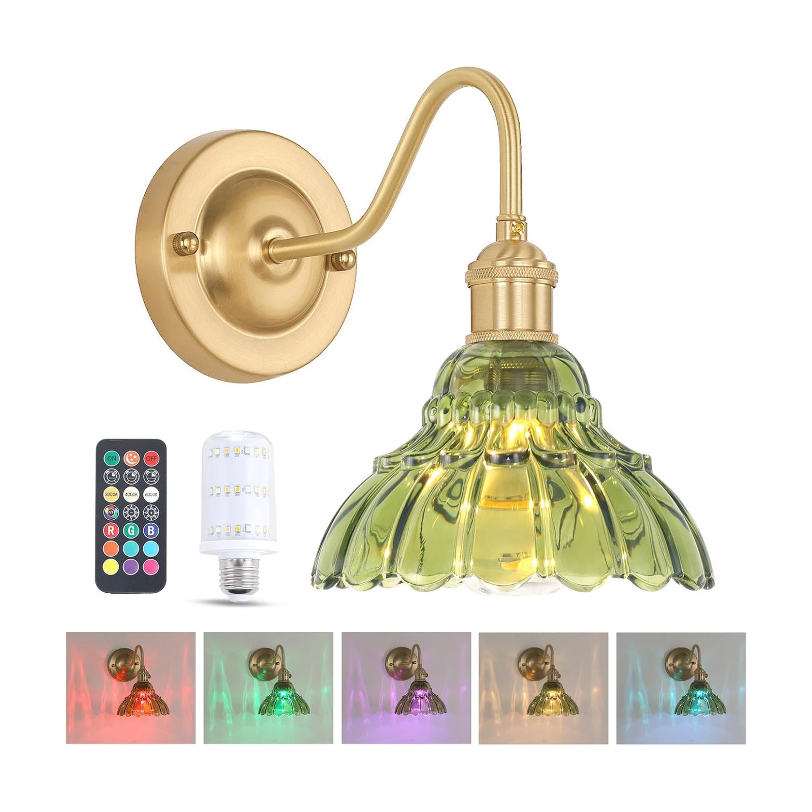 Shenmoyl Battery Operated Wall Sconce, Vintage Rechargeable Wall Lights with Green Lily Glass Shade, Wireless Indoor