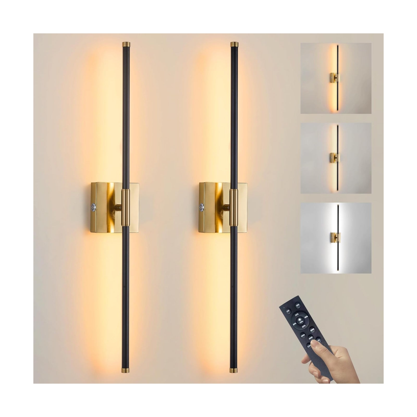 15800 mAh Battery Operated Wall Sconces with Remote Control Dimmable Wall Sconces Set of Two 3000K LED Brass Gold and