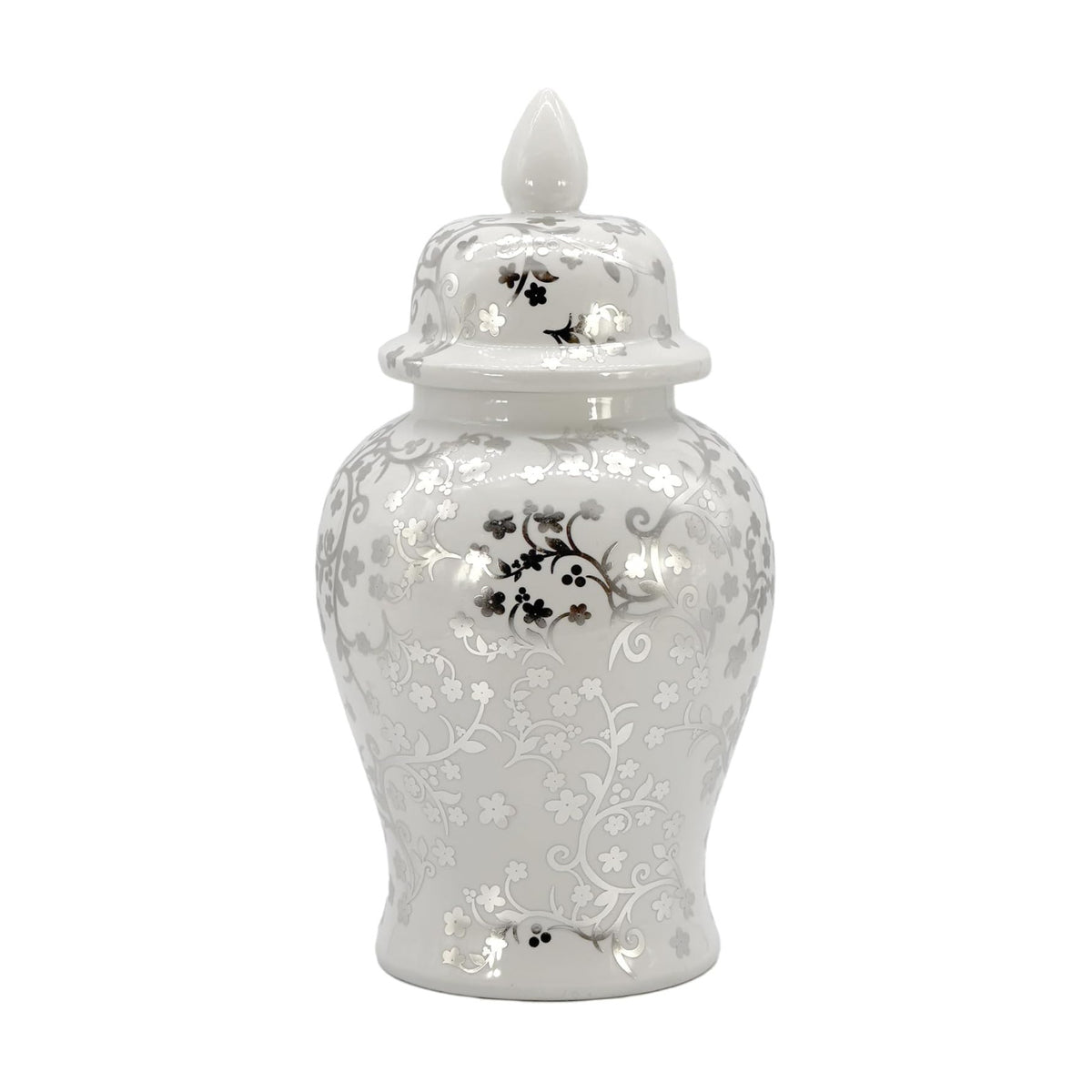 Galt International Silver & White Floral Blossom Ceramic Ginger Jar 18" w/Lid - Temple Jar Home & Kitchen Decor for