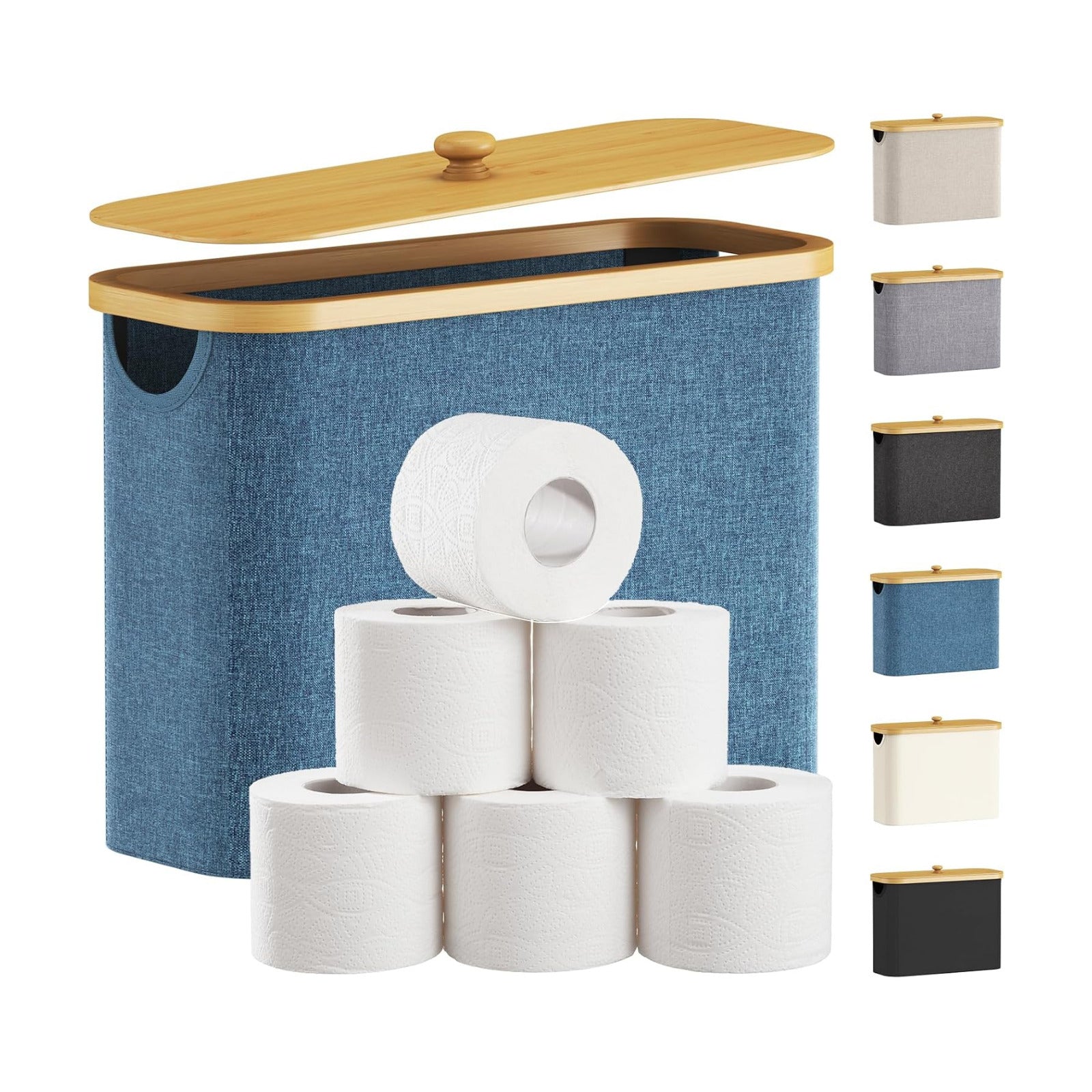 Lifewit Toilet Paper Storage Holder, Large Stand Basket, 23L, Dark Blue | 9 to 12 Rolls, Large Paper Stand with Bamboo