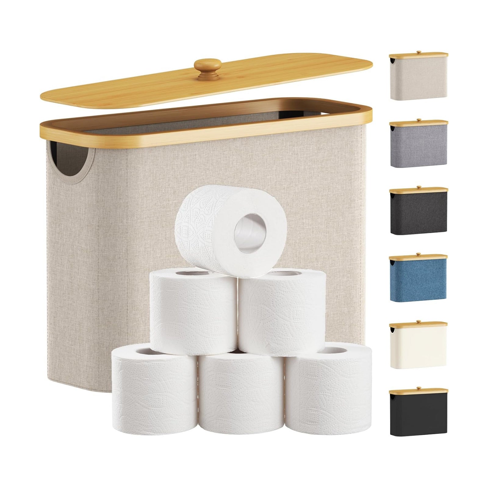 Lifewit Toilet Paper Storage Holder, Large Stand Basket, 23L, Beige | 9 to 12 Rolls, Large Paper Stand with Bamboo Lid