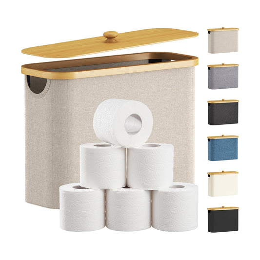 Lifewit Toilet Paper Storage Holder, Large Stand Basket, 23L, Beige | 9 to 12 Rolls, Large Paper Stand with Bamboo Lid