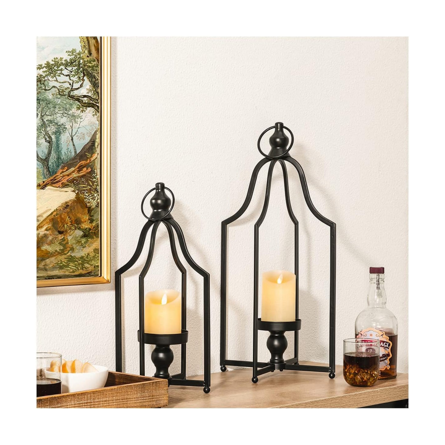 Glitzhome Set of 2 Modern Farmhouse Black Metal Lanterns Decorative Hanging Candle Lanterns for Indoor Outdoor