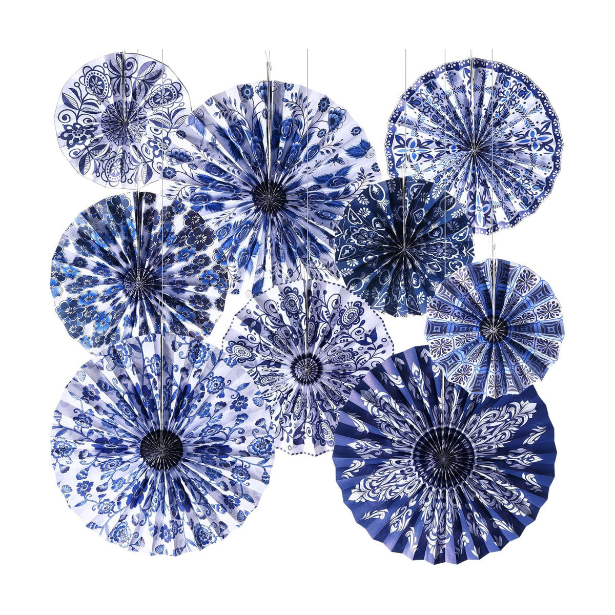 Dispowreath 9 Pcs Chinoiserie Paper Fans Blue and White Hanging Decor