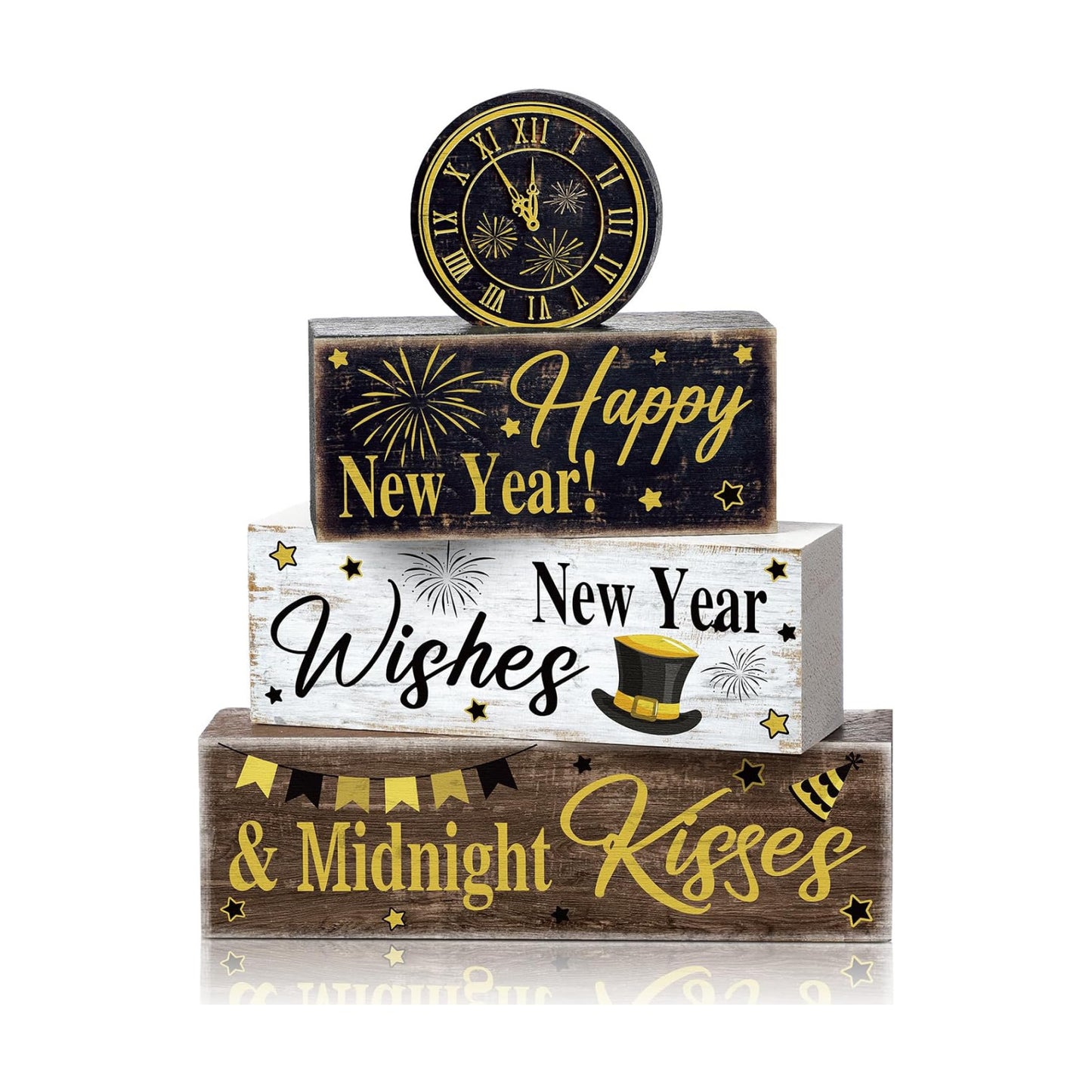 Moucuny 4 Pcs New Year Table Decorations, Happy New Year Wood Block Sign