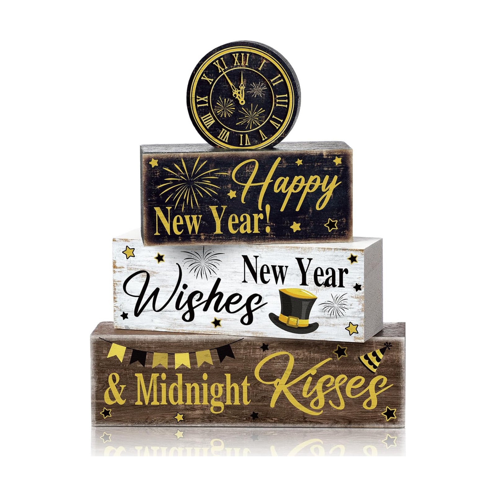 Moucuny 4 Pcs New Year Table Decorations, Happy New Year Wood Block Sign