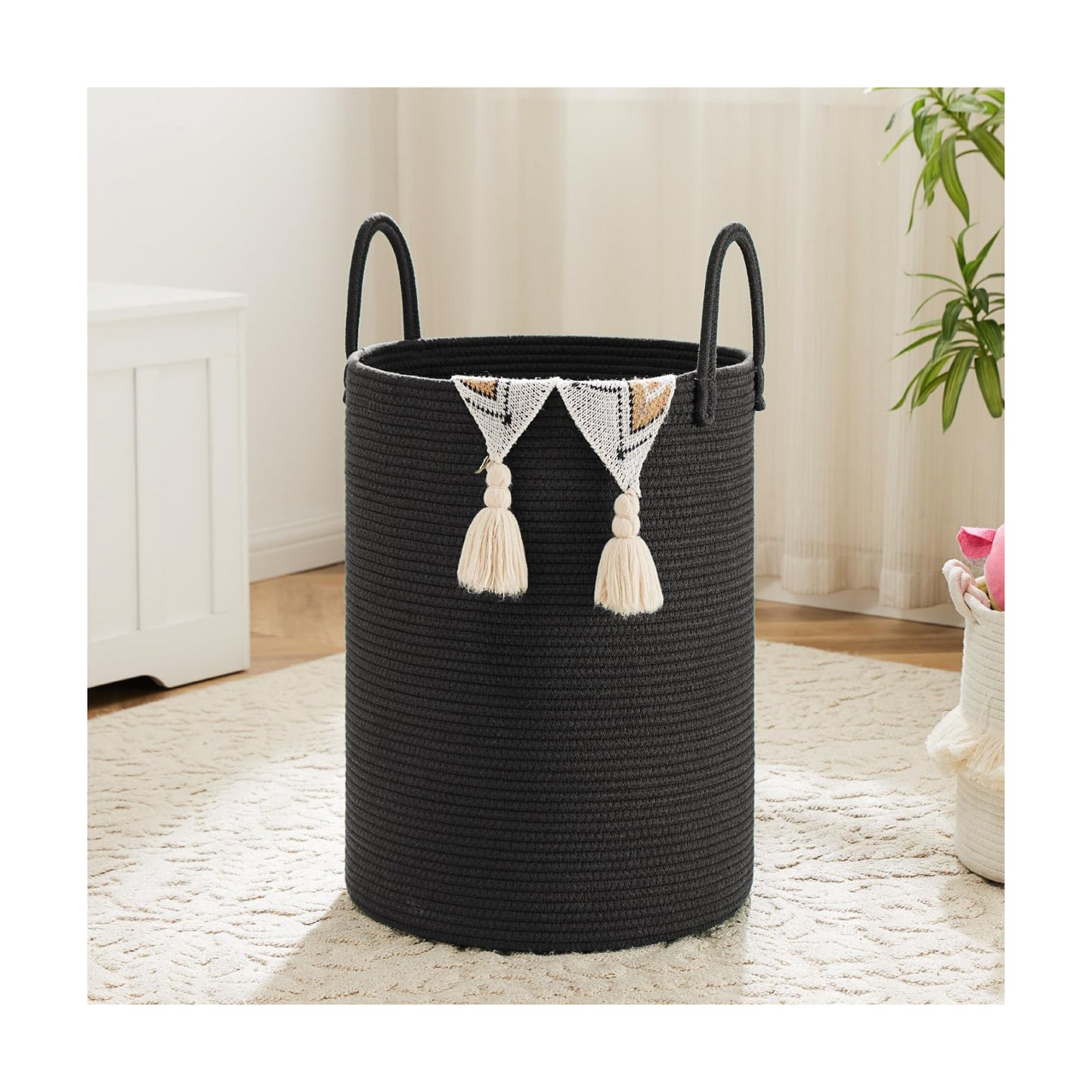 Laundry Basket / Woven Cotton Rope Laundry Hamper / Dark Black / 80L