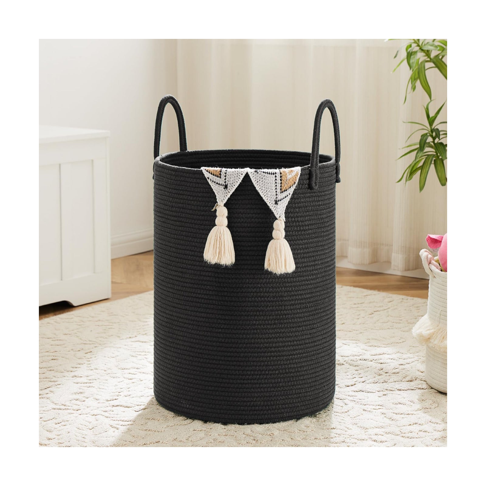 Laundry Basket / Woven Cotton Rope Laundry Hamper / Dark Black / 80L