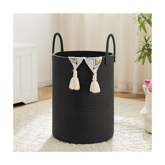 Laundry Basket / Woven Cotton Rope Laundry Hamper / Dark Black / 80L