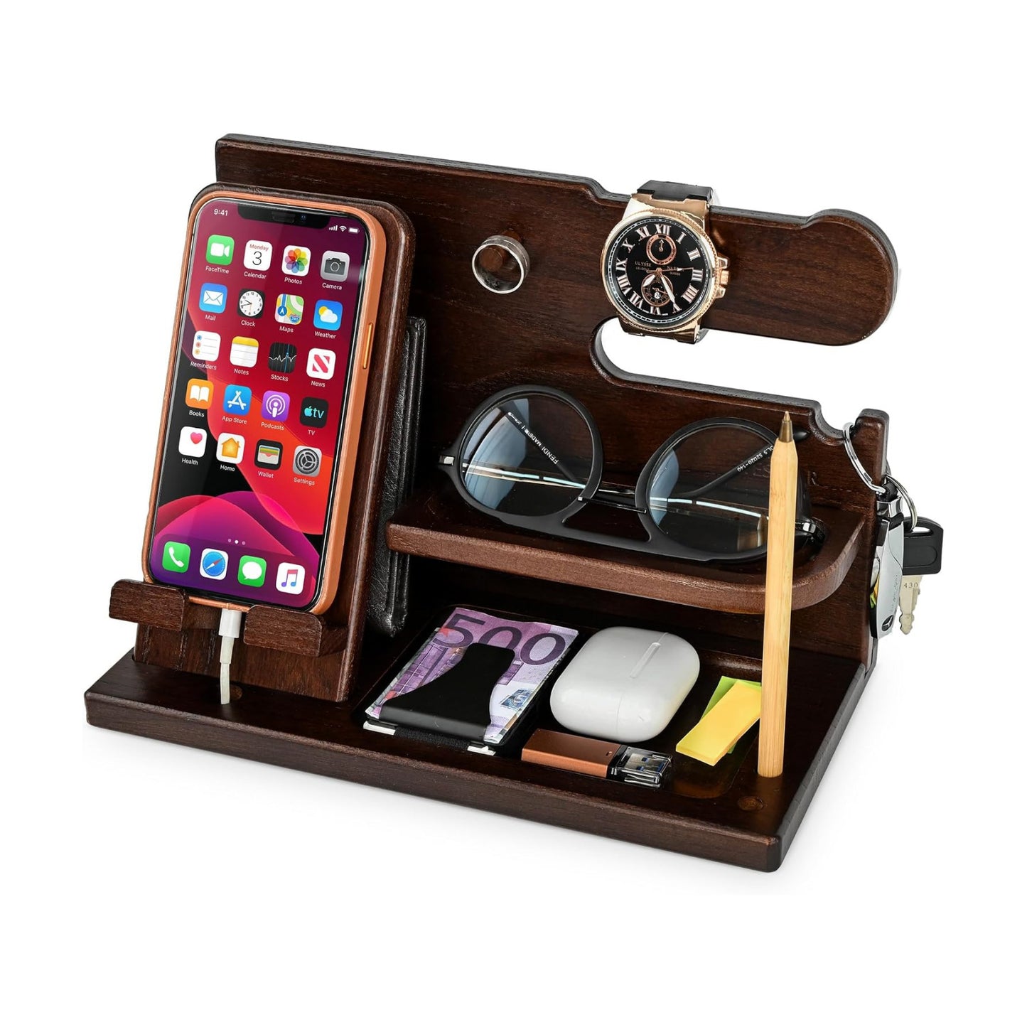 TESLYAR Wood Phone Docking Station for Men - Desk or Nightstand Organizer - Birthday Gifts for Husband, Dad