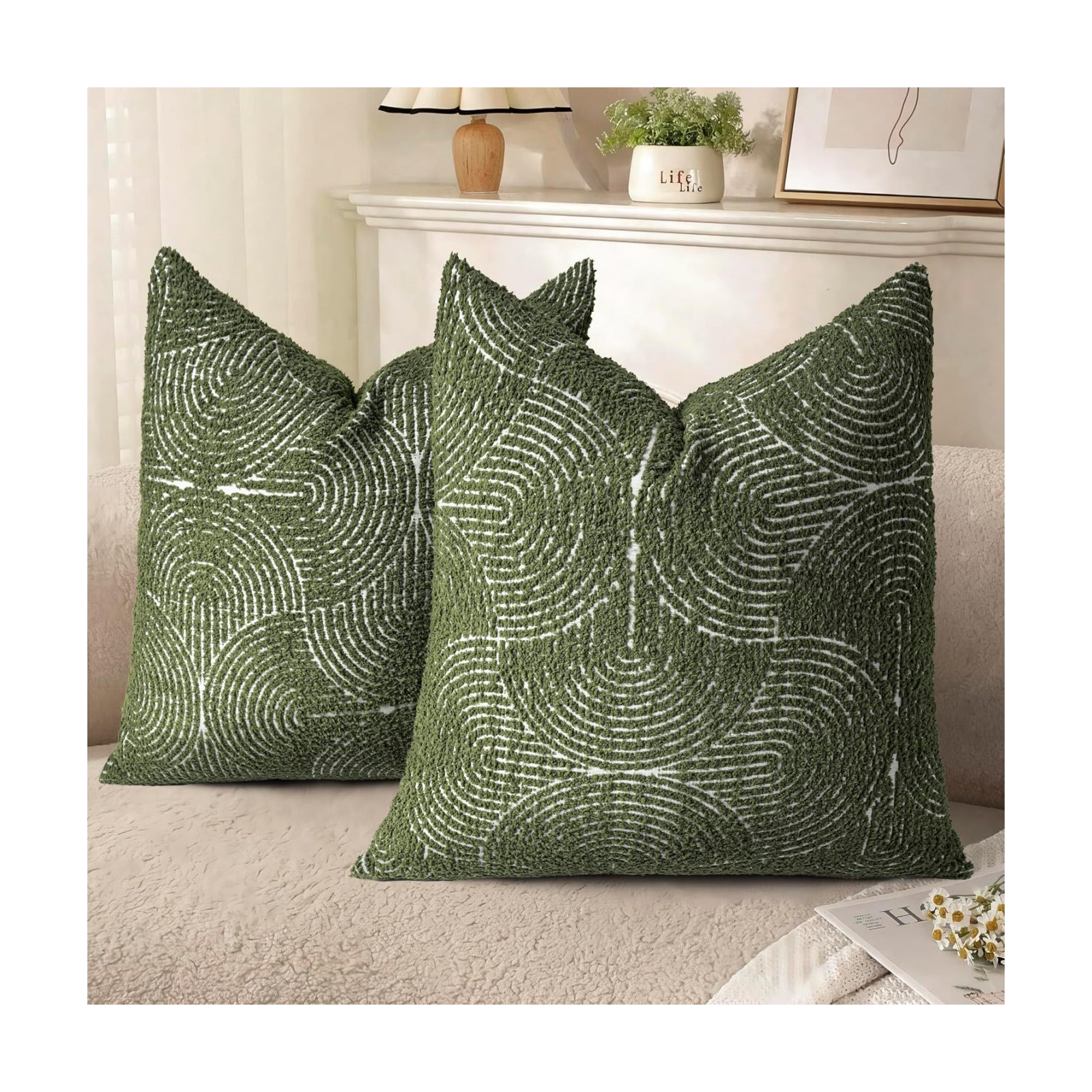 Boho Decorative Textured Throw Pillow Covers / Olive Green / 20 x 20 / Set of 2