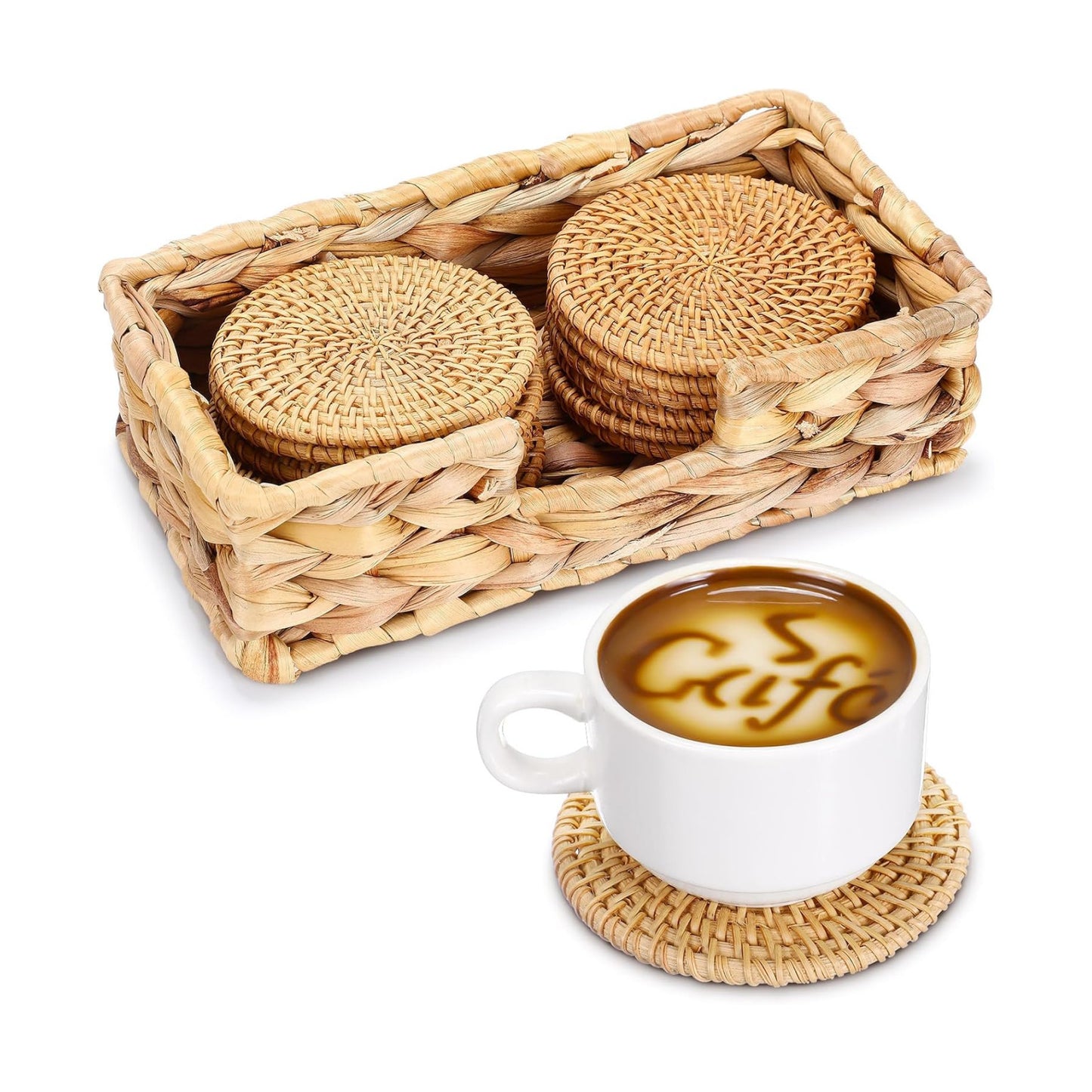 Holder Woven Wicker Boho Coasters Set Heat Resistant Drink Woven / Natural / Set of 12