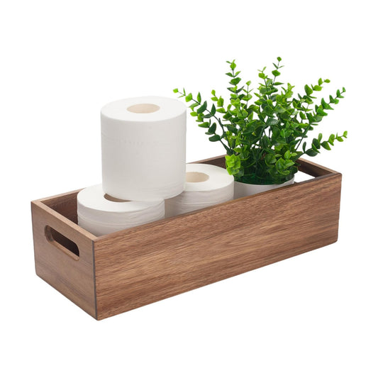 Acacia Wood Bathroom Storage Basket for Organizing / 15 x 6 x 4